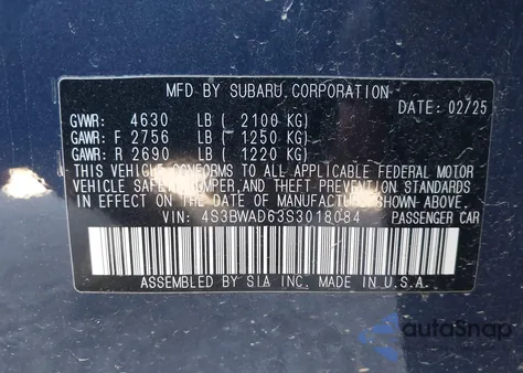 2025 Subaru Legacy Premium z USA, uszkodzony, nr VIN 4S3BWAD63S3018084